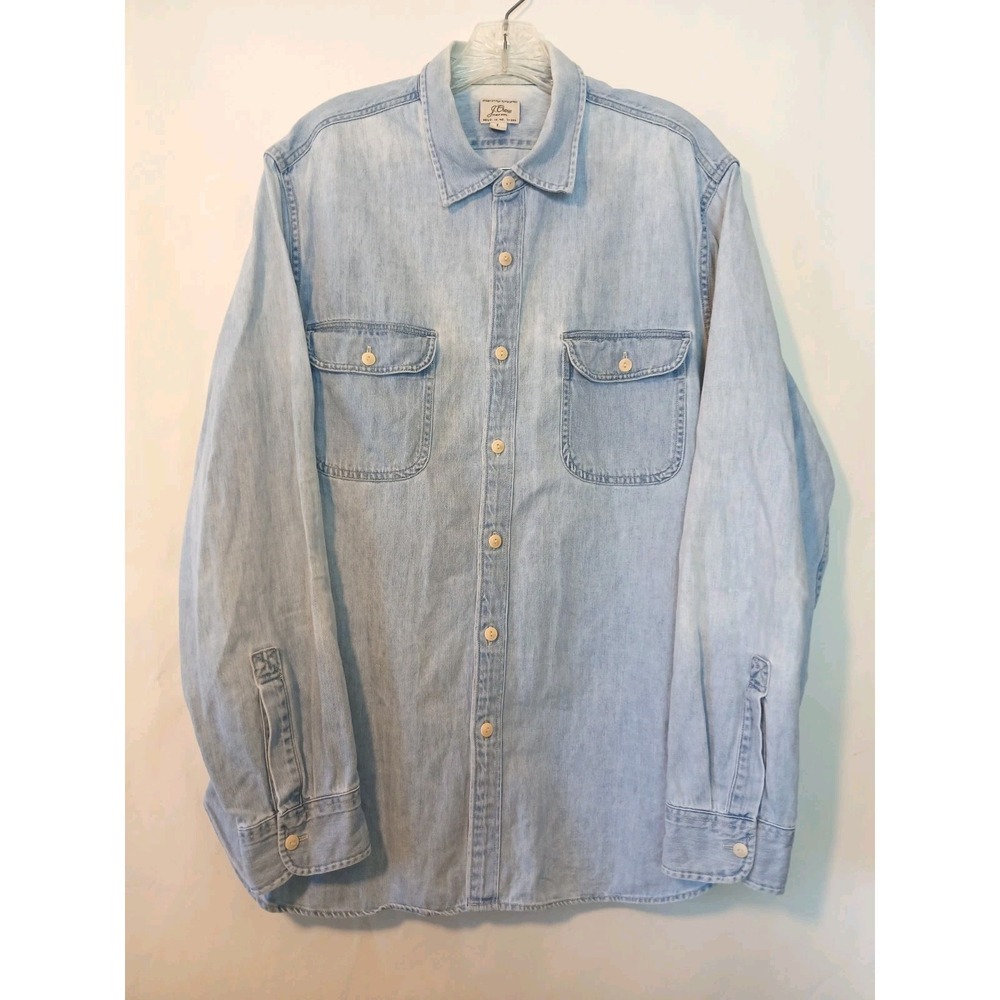 J Crew Denim Large Heavyweight Light Blue Jean Shirt Utility Double Pocket D132